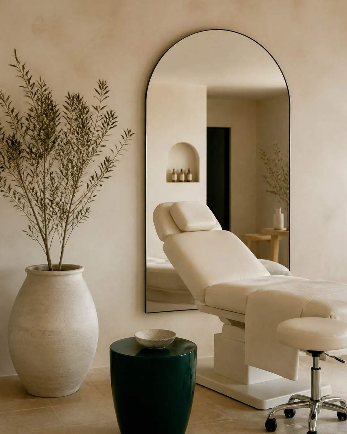 Interior minimalista de un centro de estética con luz cálida y tonos arena.