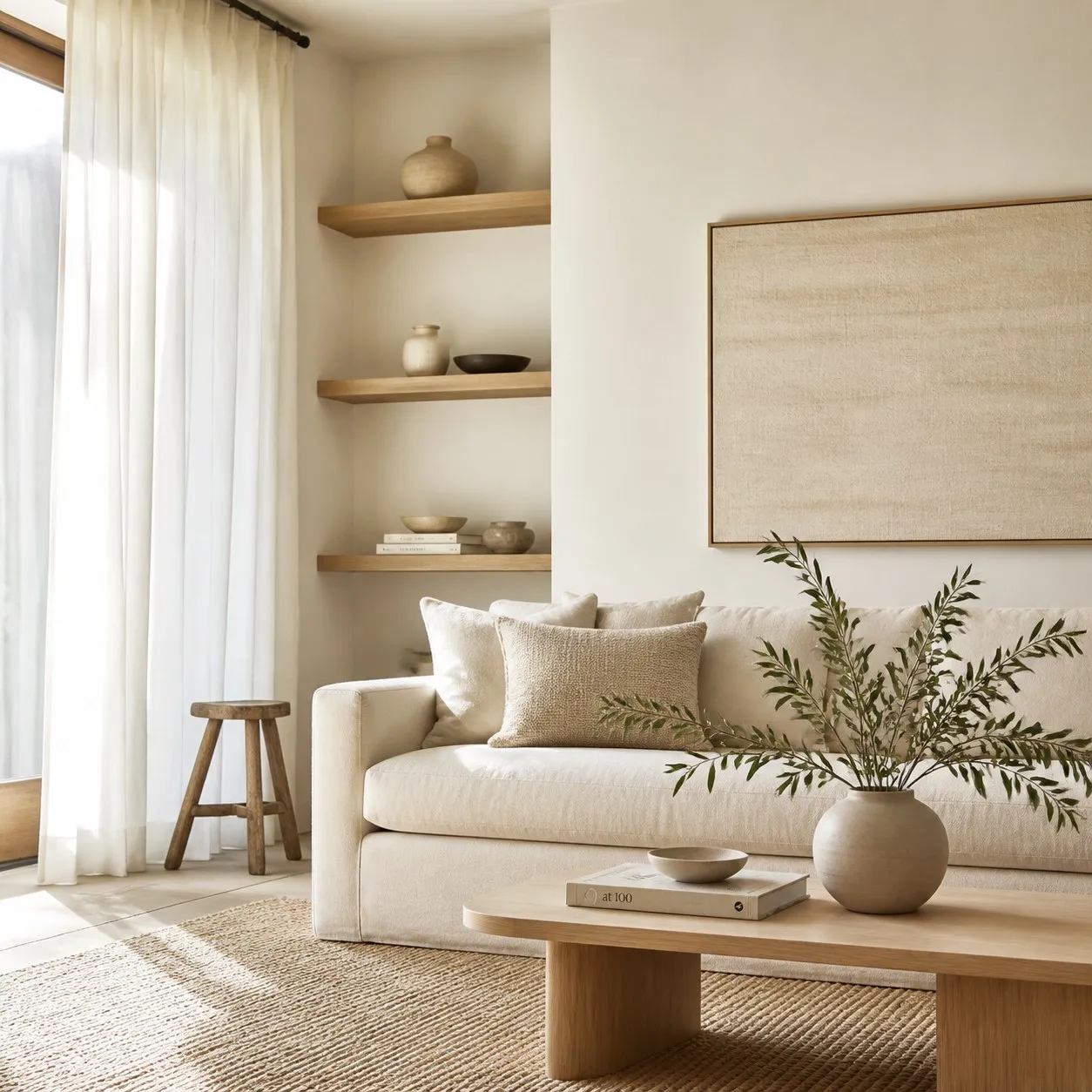 Salón sereno y ordenado diseñado por Casa en Calma, con tonos neutros y luz natural.